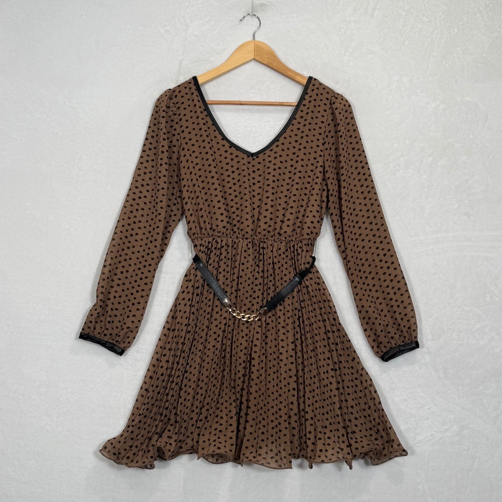 Takara Brown Polka Dot Pleated Long Sleeve Dress Small